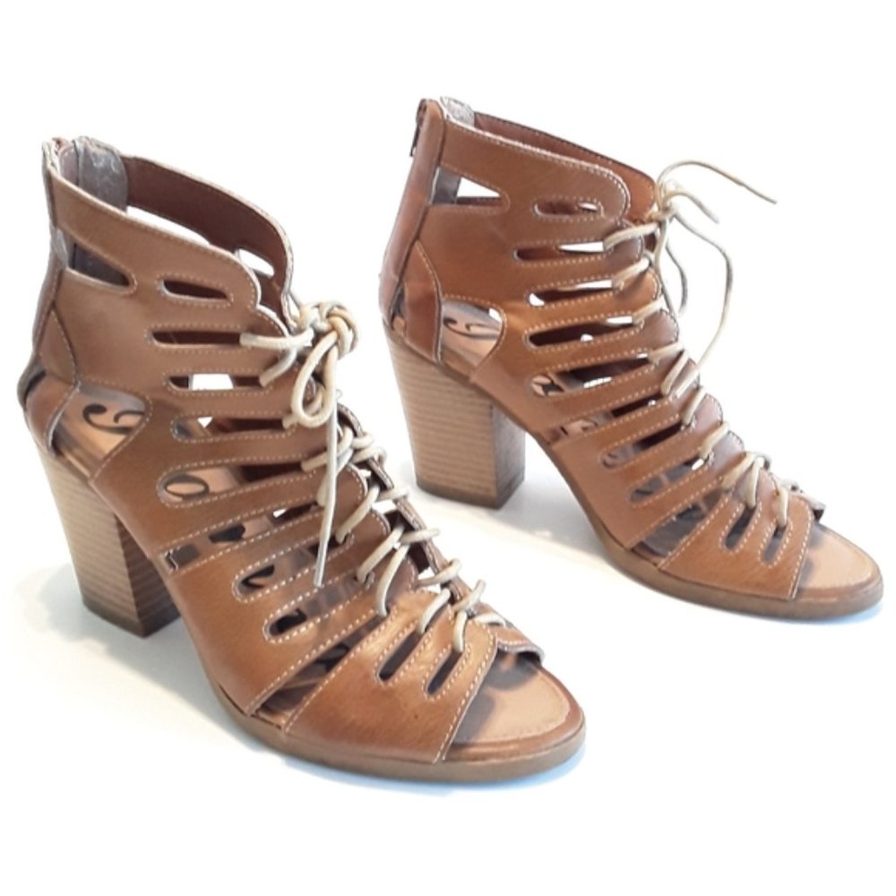 Rampage Venice Lace UP Brown Block Heel Booties sz 8 EUC